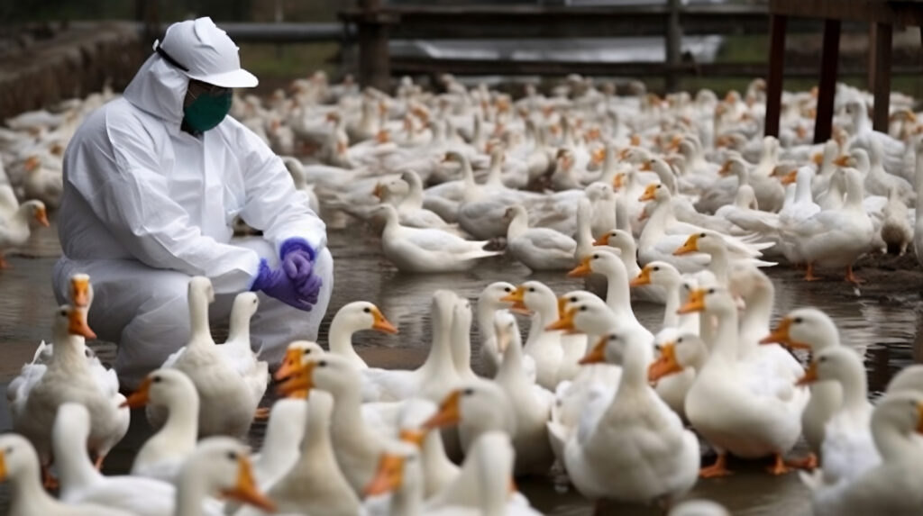 Scientist in white suit, purple gloves, and green mask looking at large group of ducks.
Picture by Nelson.
