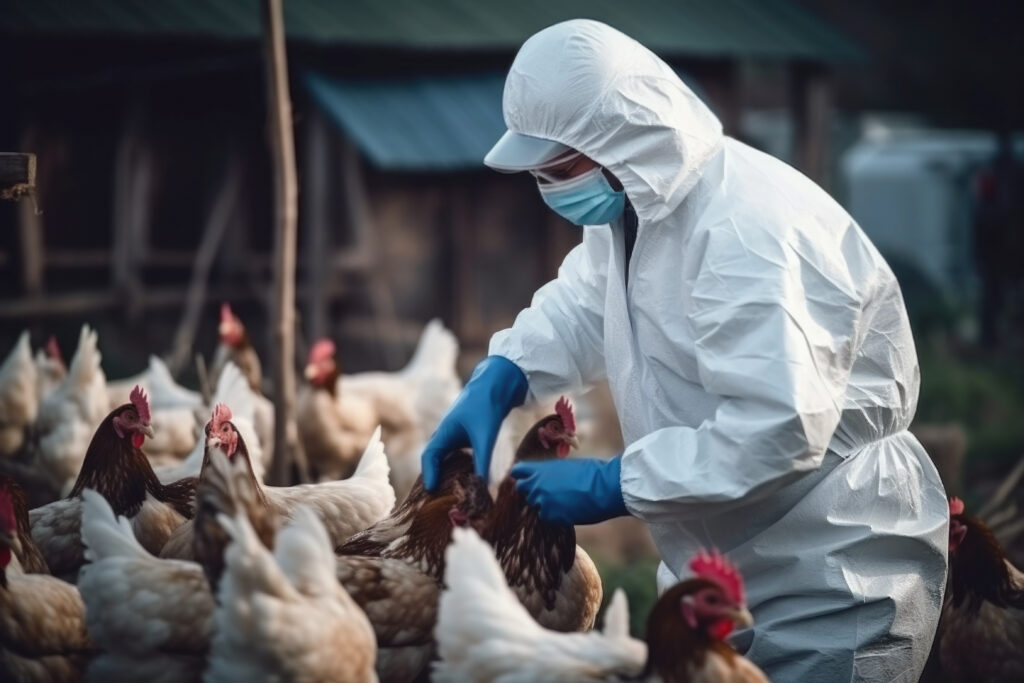 Scientist in white suit, blue rubber gloves, clear glasses, and mask examining chickens.
Picture by Pilipphoto.